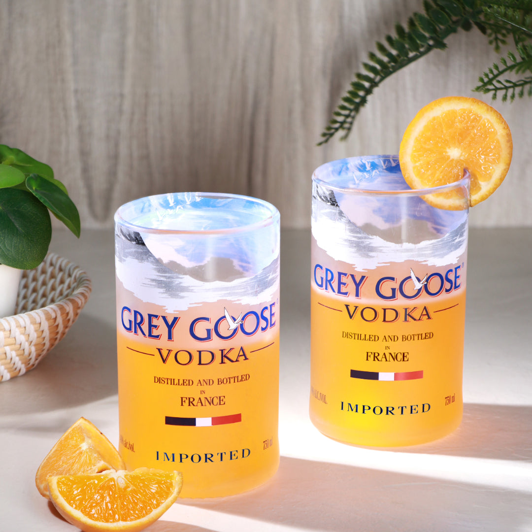 Pack 2 Grey Goose Glasses Drinking Juice, Bourbon, Whisky, Cocktails, Mocktail TransparentUp-cycled Eco-Friendly Glasses Perfect for Home, Restaurants and Parties Dishwasher Safe