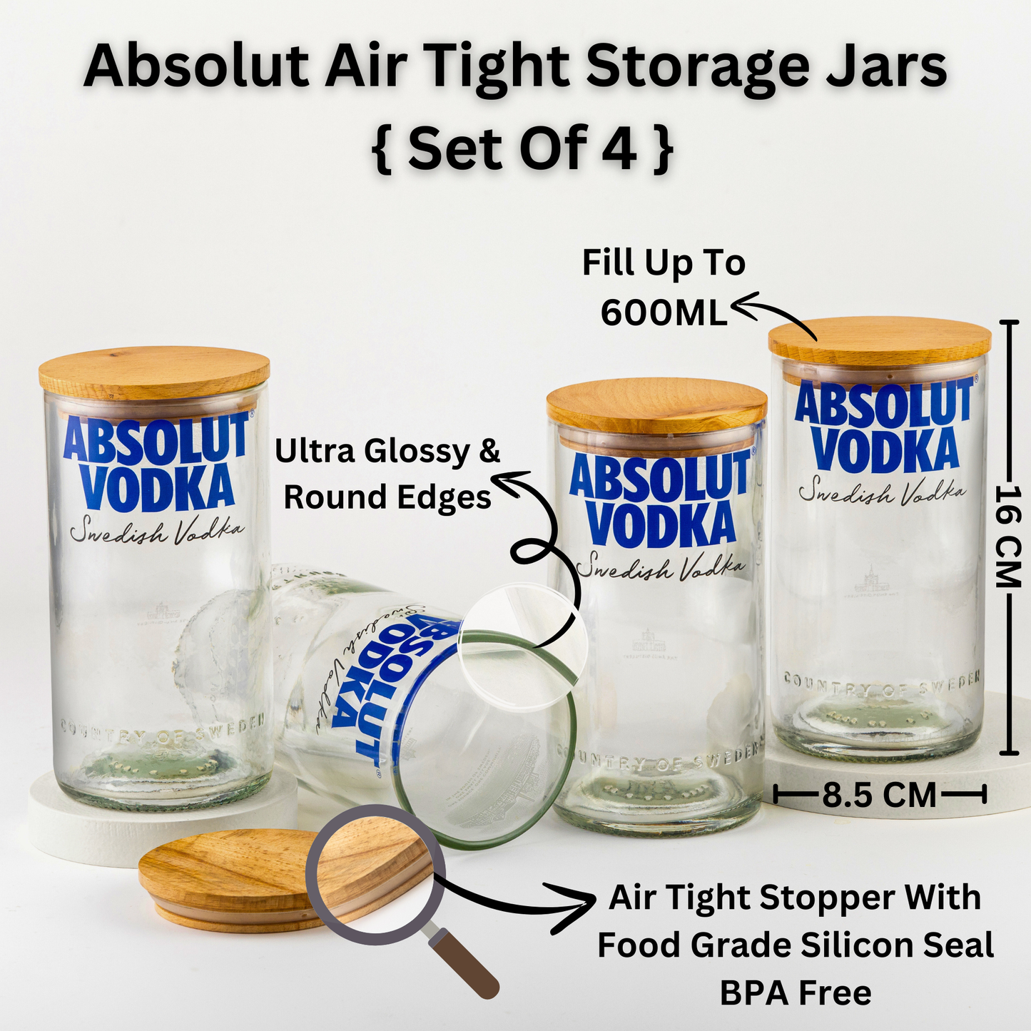 Pack Of 4  Transparent Absolute Top Cut Bottle Jars With Wooden Lids Storage Jar Multipurpose Jar