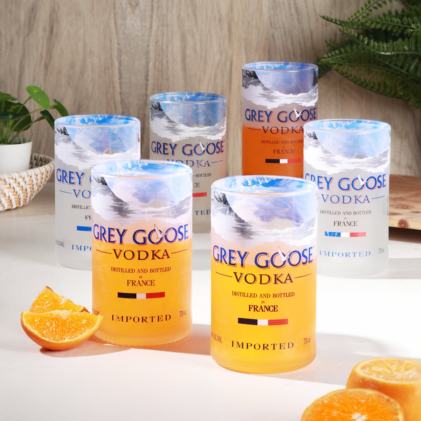 Grey Goose Glasses Set of 6 Drinking Juice, Bourbon, Whisky, Cocktails, Mocktail TransparentUp-cycled Eco-Friendly Glasses Perfect for Home, Restaurants and Parties Dishwasher Safe