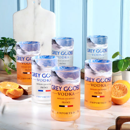 Grey Goose Glasses Set of 6 Drinking Juice, Bourbon, Whisky, Cocktails, Mocktail TransparentUp-cycled Eco-Friendly Glasses Perfect for Home, Restaurants and Parties Dishwasher Safe