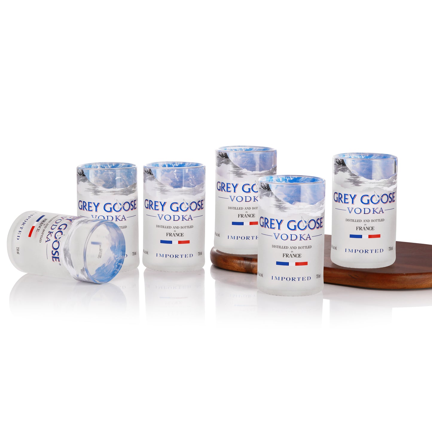 Grey Goose Glasses Set of 6 Drinking Juice, Bourbon, Whisky, Cocktails, Mocktail TransparentUp-cycled Eco-Friendly Glasses Perfect for Home, Restaurants and Parties Dishwasher Safe
