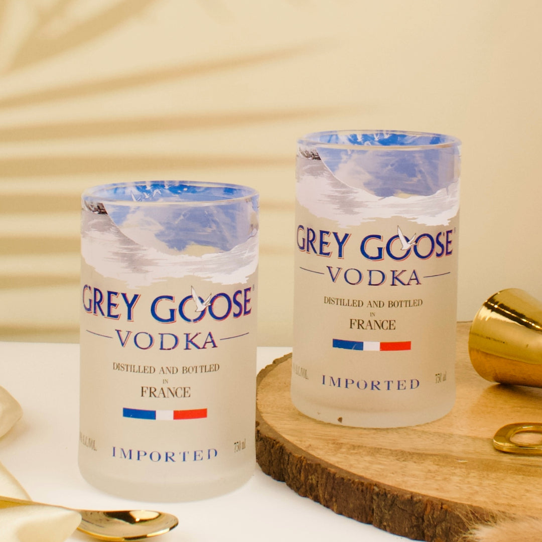 Pack 2 Grey Goose Glasses Drinking Juice, Bourbon, Whisky, Cocktails, Mocktail TransparentUp-cycled Eco-Friendly Glasses Perfect for Home, Restaurants and Parties Dishwasher Safe