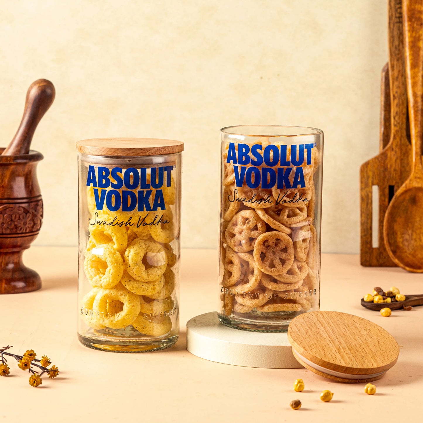 Pack Of 2  Absolute Top Cut Bottle Jars With Wooden Lids  Storage Multipurpose Jar 100% BPA Free