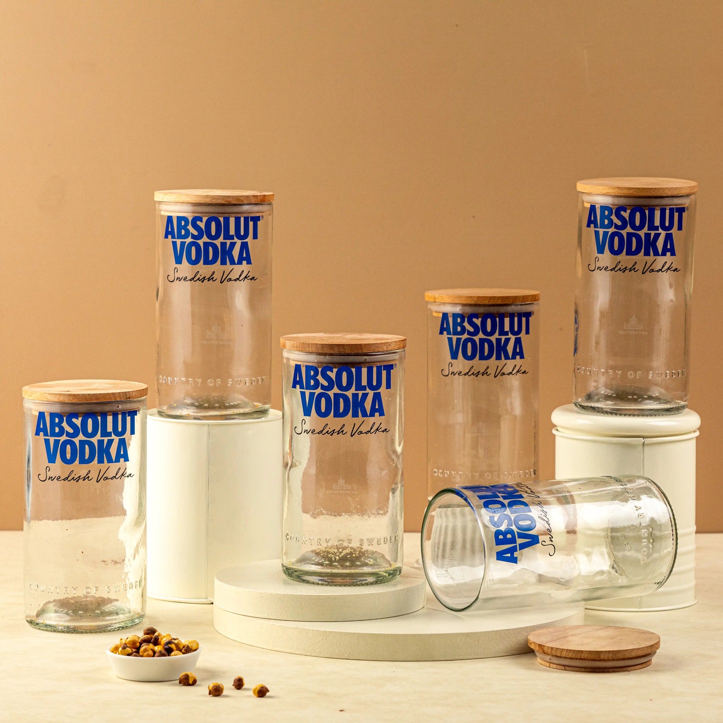 Pack Of 6 Absolute Top Cut Bottle Jars With Wooden Lids - Storage Multipurpose Jar