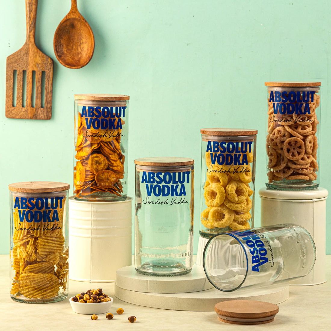 Pack Of 6 Absolute Top Cut Bottle Jars With Wooden Lids - Storage Multipurpose Jar