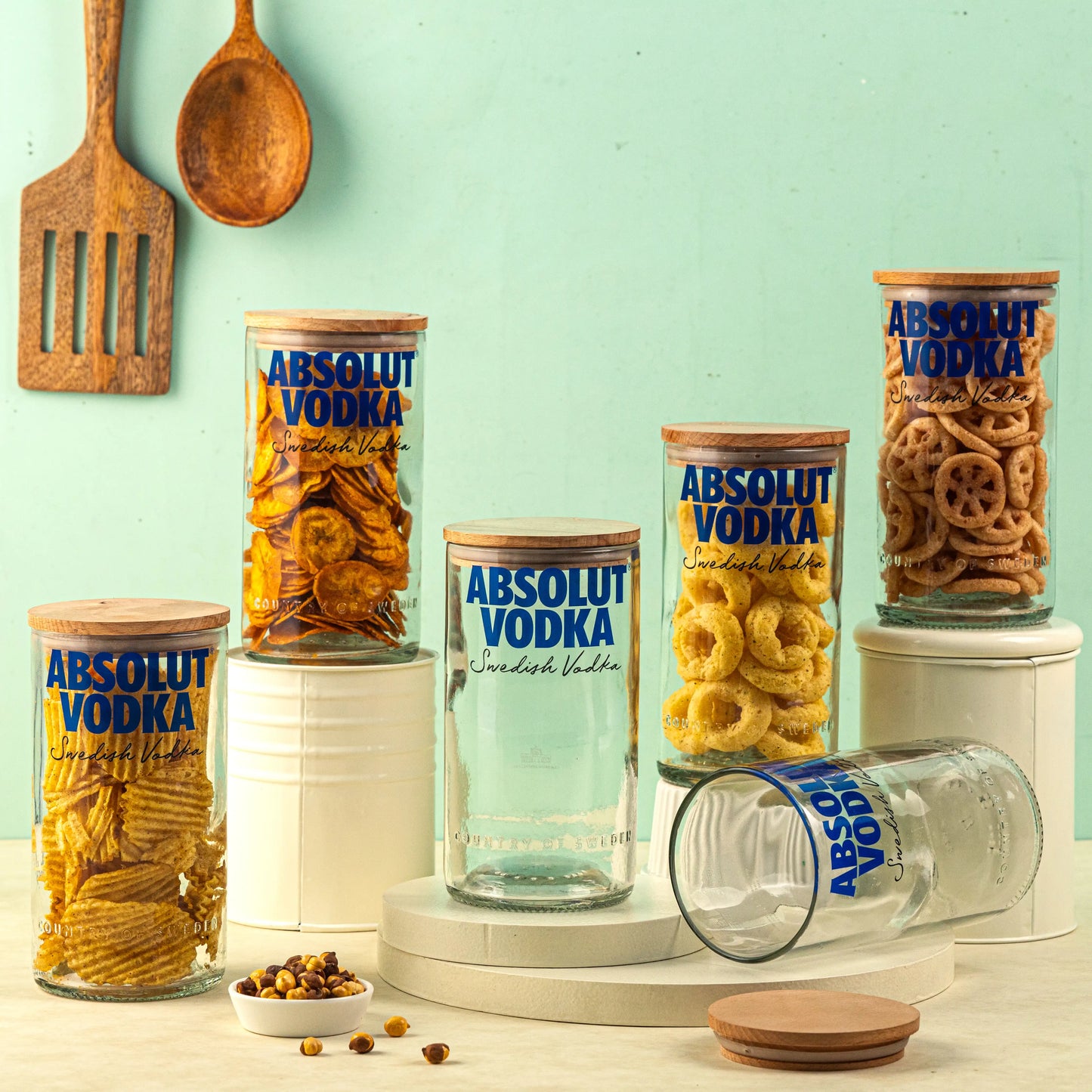 Pack Of 6 Absolute Top Cut Bottle Jars With Wooden Lids - Storage Multipurpose Jar