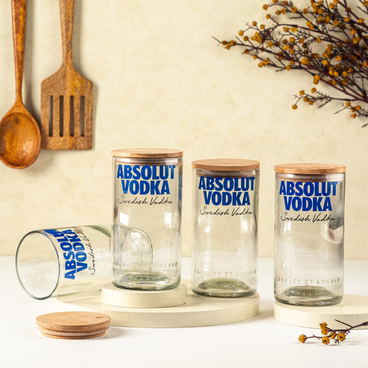 Pack Of 4  Transparent Absolute Top Cut Bottle Jars With Wooden Lids Storage Jar Multipurpose Jar