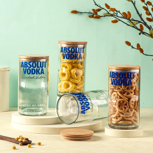 Pack Of 4  Transparent Absolute Top Cut Bottle Jars With Wooden Lids Storage Jar Multipurpose Jar