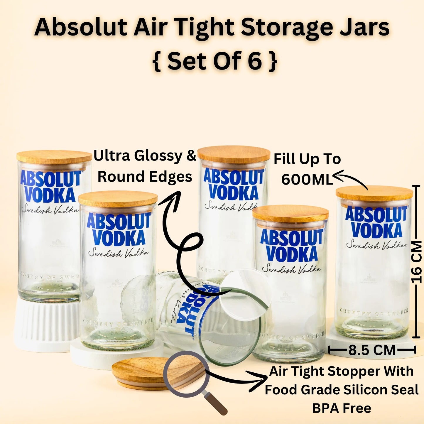 Pack Of 6 Absolute Top Cut Bottle Jars With Wooden Lids - Storage Multipurpose Jar