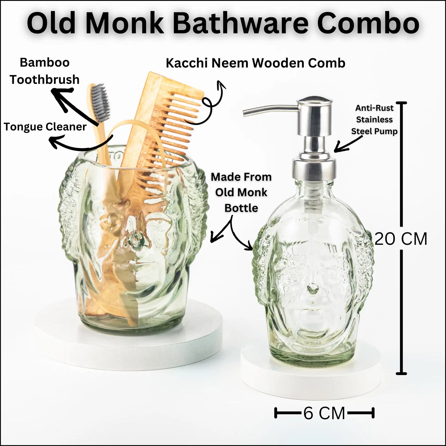 Pack Of 5 Old Monk Soap Dispenser With Toothbrush Holder Bathware Shelves With Bamboo Toothbrush, Tongue Cleaner & Kacchi Neem Wooden Comb, Soap Dispenser, Toothbrush Holder